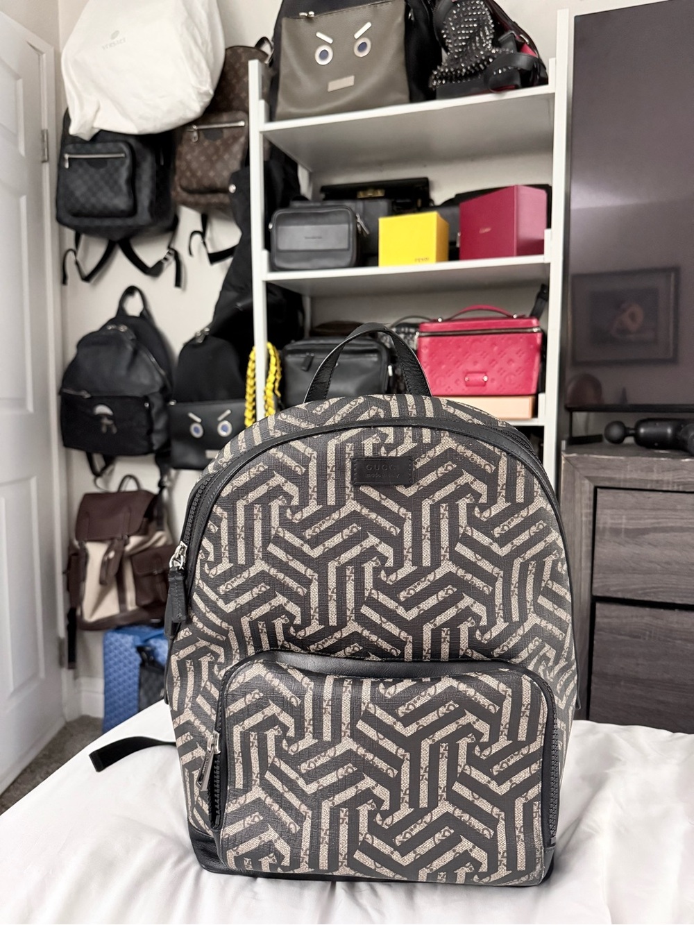 Gucci Monogram Geometric Backpack in Beige & Black